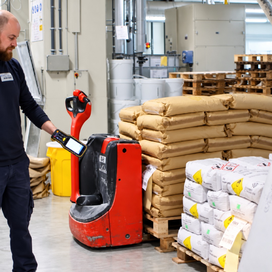 Medewerker van Royal Senzora scant zakken met grondstoffen op de mengerij.